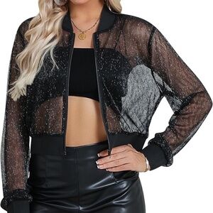 Nlife Women Sheer Mesh Sparkly Crop Bomber Jacket Sheer Glitter Rave Festival L